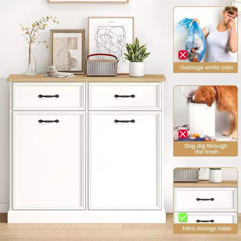 Meuble de rangement pour poubelle basculante - Armoire à poubelle dissimulée, peu encombrante et anti-animaux pour cuisine et salon (Blanc)