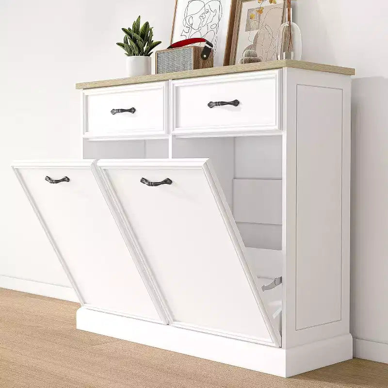 Tilt-Out Trash Cabinet  Space-Saving, Pet-Proof Hidden Trash Storage Cabinet for Kitchen and Living Room (White)