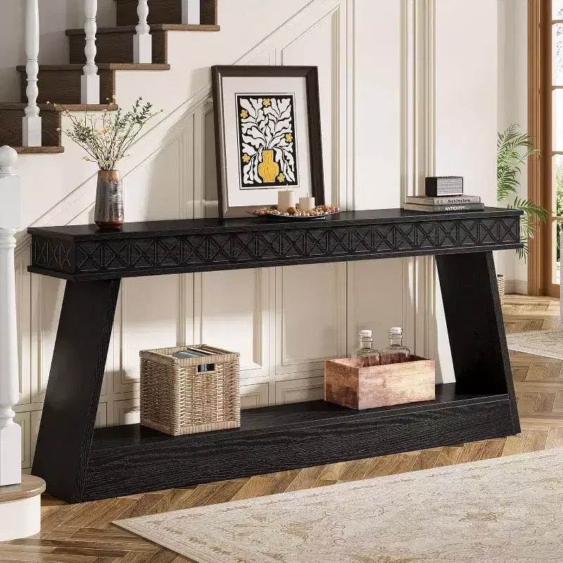 Table console moderne Lantine de 71 pouces, table de canapé étroite extra-longue à 2 niveaux avec rangement pour entrée, salon, couloir, foyer, noir