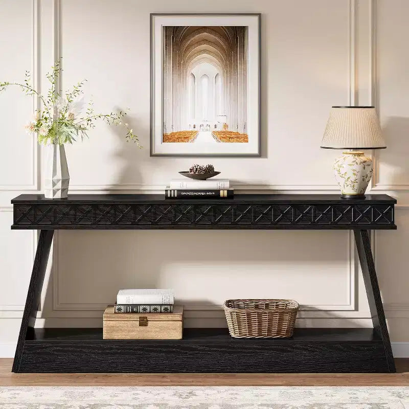 Table console moderne Lantine de 71 pouces, table de canapé étroite extra-longue à 2 niveaux avec rangement pour entrée, salon, couloir, foyer, noir
