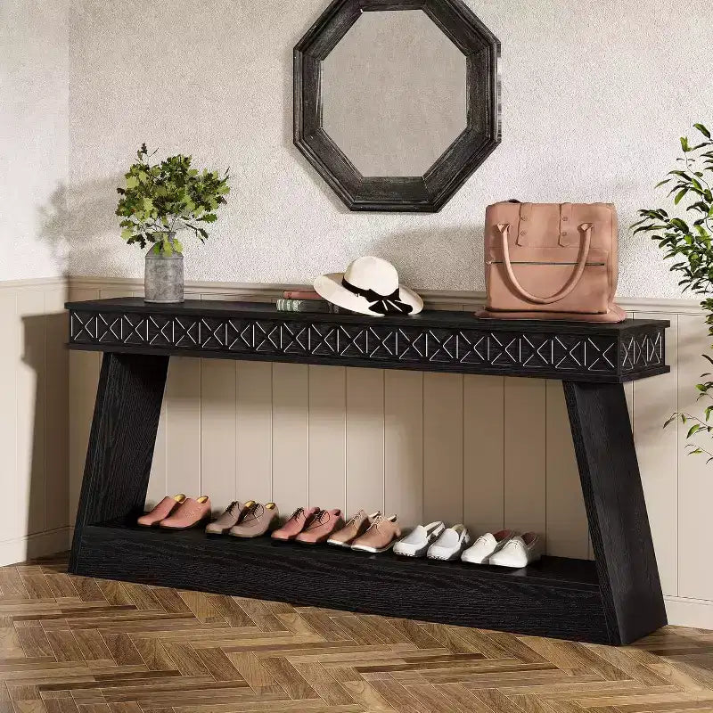 Table console moderne Lantine de 71 pouces, table de canapé étroite extra-longue à 2 niveaux avec rangement pour entrée, salon, couloir, foyer, noir