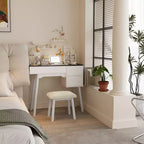 Coiffeuse Okak avec miroir rabattable et tabouret rembourré, coiffeuse avec 2 tiroirs et 8 compartiments de rangement, table de toilette pour la maison, blanc