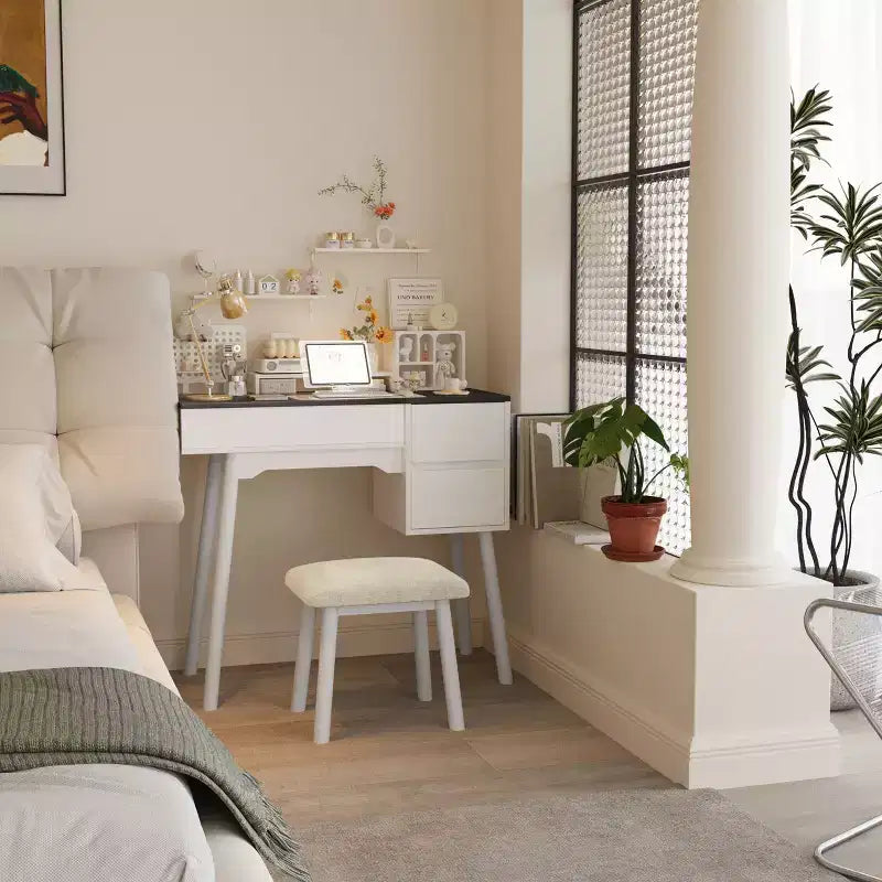 Coiffeuse Okak avec miroir rabattable et tabouret rembourré, coiffeuse avec 2 tiroirs et 8 compartiments de rangement, table de toilette pour la maison, blanc