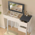 Coiffeuse Okak avec miroir rabattable et tabouret rembourré, coiffeuse avec 2 tiroirs et 8 compartiments de rangement, table de toilette pour la maison, blanc