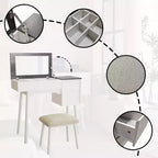 Coiffeuse Okak avec miroir rabattable et tabouret rembourré, coiffeuse avec 2 tiroirs et 8 compartiments de rangement, table de toilette pour la maison, blanc