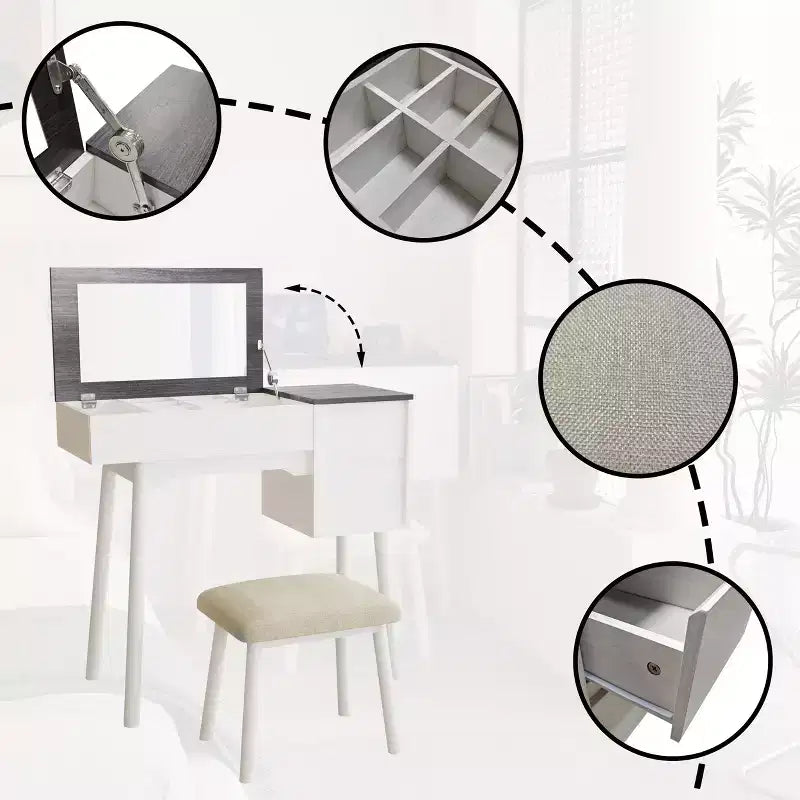 Coiffeuse Okak avec miroir rabattable et tabouret rembourré, coiffeuse avec 2 tiroirs et 8 compartiments de rangement, table de toilette pour la maison, blanc