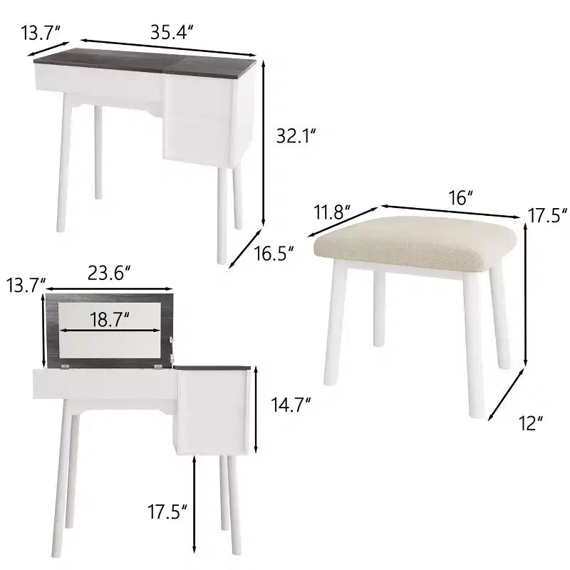 Coiffeuse Okak avec miroir rabattable et tabouret rembourré, coiffeuse avec 2 tiroirs et 8 compartiments de rangement, table de toilette pour la maison, blanc