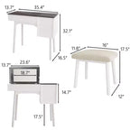 Coiffeuse Okak avec miroir rabattable et tabouret rembourré, coiffeuse avec 2 tiroirs et 8 compartiments de rangement, table de toilette pour la maison, blanc