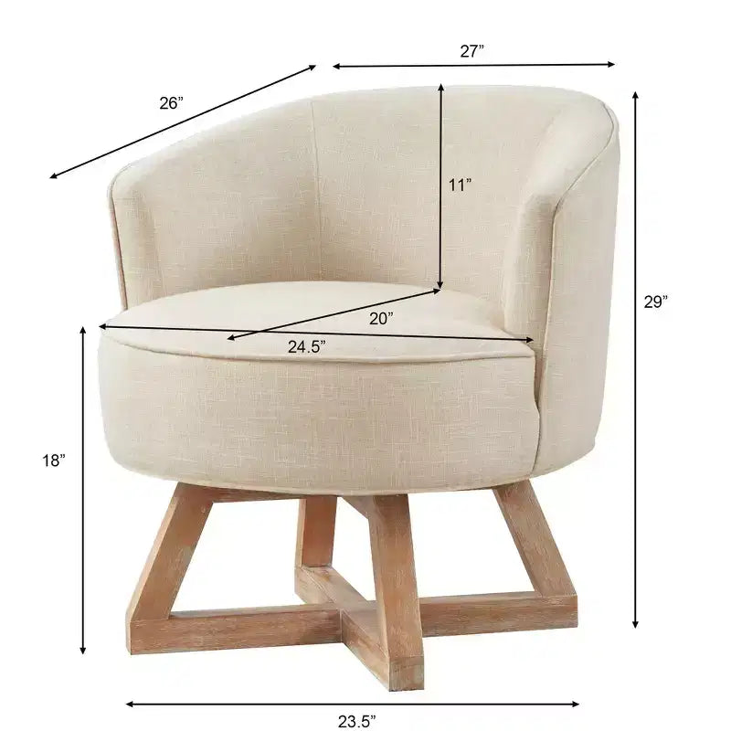 TUYOHW Chaise d'appoint moderne pivotante avec revêtement en lin, chaise confortable avec piètement en bois en croix, fauteuil de salon pour le séjour ou la chambre à coucher