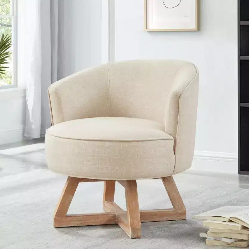 TUYOHW Chaise d'appoint moderne pivotante avec revêtement en lin, chaise confortable avec piètement en bois en croix, fauteuil de salon pour le séjour ou la chambre à coucher