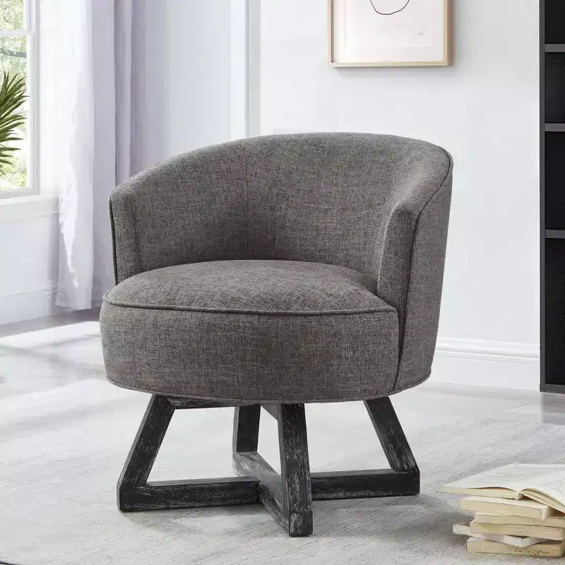 TUYOHW Chaise d'appoint moderne pivotante avec revêtement en lin, chaise confortable avec piètement en bois en croix, fauteuil de salon pour le séjour ou la chambre à coucher