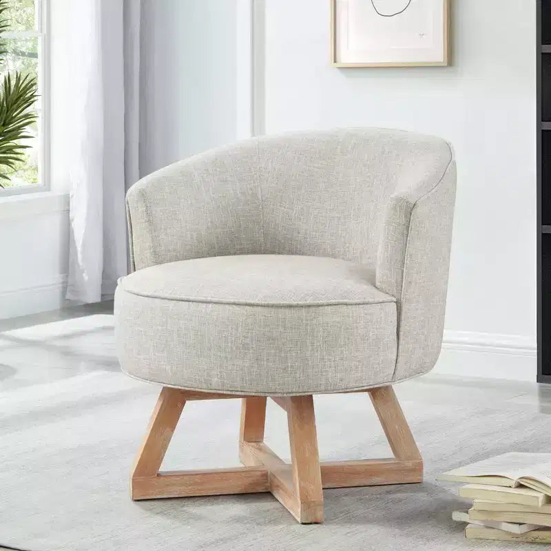 TUYOHW Chaise d'appoint moderne pivotante avec revêtement en lin, chaise confortable avec piètement en bois en croix, fauteuil de salon pour le séjour ou la chambre à coucher