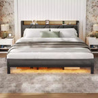 King Size Metal Platform Bed Frame Upholstered Headboard Footboard LED Lights Charging Station Heavy Duty Support No Box Spring Needed USB