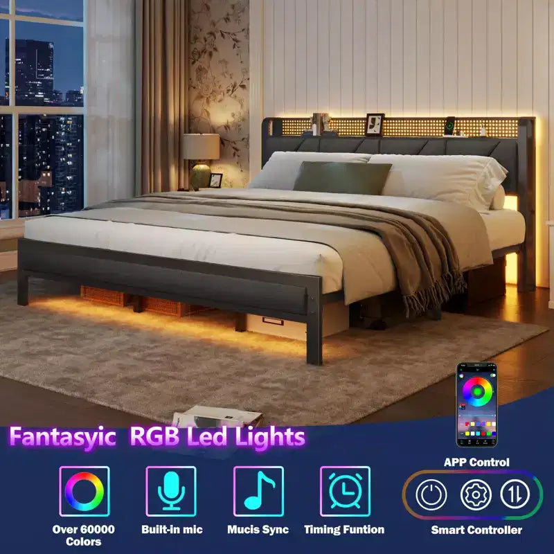 Cadre de lit plateforme King Size en métal avec tête de lit et pied de lit rembourrés, lumières LED, station de recharge, support robuste, pas besoin de sommier tapissier, USB