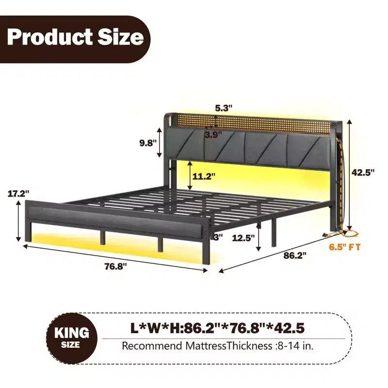 Cadre de lit plateforme King Size en métal avec tête de lit et pied de lit rembourrés, lumières LED, station de recharge, support robuste, pas besoin de sommier tapissier, USB