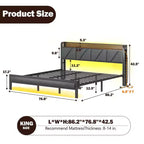Cadre de lit plateforme King Size en métal avec tête de lit et pied de lit rembourrés, lumières LED, station de recharge, support robuste, pas besoin de sommier tapissier, USB