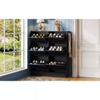 VIYET 49 Meuble à chaussures étroit à 6 tiroirs basculants, organisateur de style crème en MDF noir avec étagères réglables et 3 crochets argentés