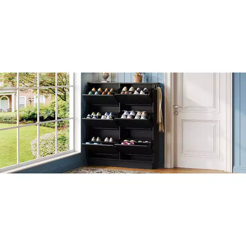 VIYET 49 Meuble à chaussures étroit à 6 tiroirs basculants, organisateur de style crème en MDF noir avec étagères réglables et 3 crochets argentés