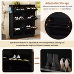 VIYET 49 Meuble à chaussures étroit à 6 tiroirs basculants, organisateur de style crème en MDF noir avec étagères réglables et 3 crochets argentés