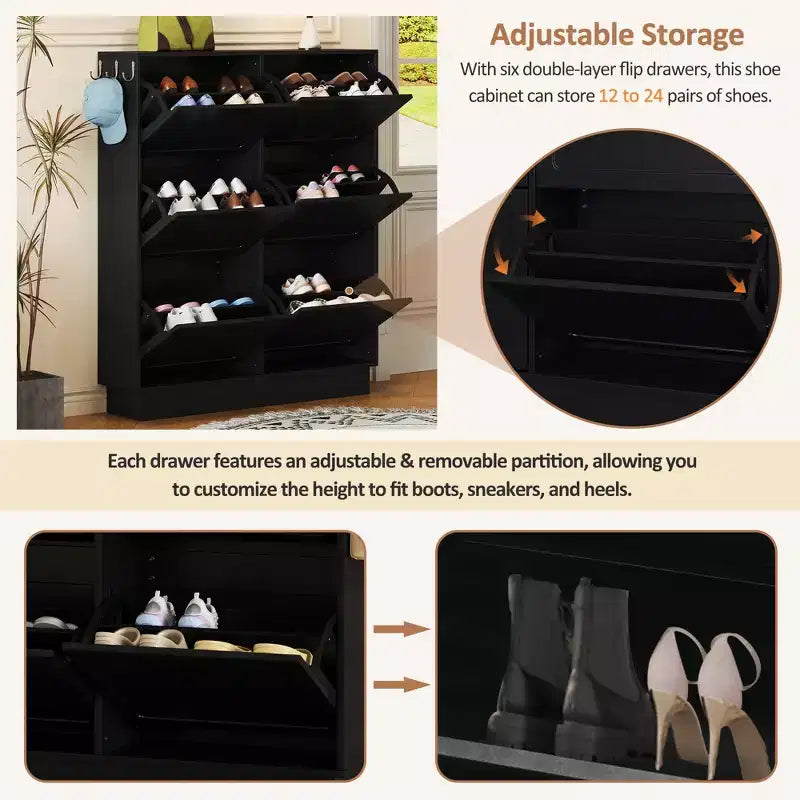 VIYET 49 Meuble à chaussures étroit à 6 tiroirs basculants, organisateur de style crème en MDF noir avec étagères réglables et 3 crochets argentés