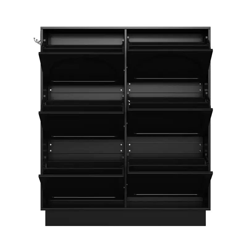 VIYET 49 Meuble à chaussures étroit à 6 tiroirs basculants, organisateur de style crème en MDF noir avec étagères réglables et 3 crochets argentés