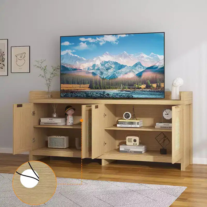 Meuble TV COZONY 61,5" en rotin naturel pour téléviseur 65", meuble de divertissement moderne avec armoire de rangement