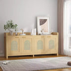 Meuble TV COZONY 61,5" en rotin naturel pour téléviseur 65", meuble de divertissement moderne avec armoire de rangement