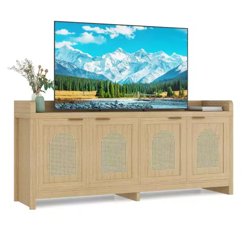 Meuble TV COZONY 61,5" en rotin naturel pour téléviseur 65", meuble de divertissement moderne avec armoire de rangement