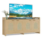 Meuble TV COZONY 61,5" en rotin naturel pour téléviseur 65", meuble de divertissement moderne avec armoire de rangement