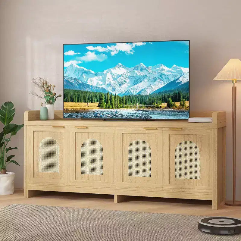 Meuble TV COZONY 61,5" en rotin naturel pour téléviseur 65", meuble de divertissement moderne avec armoire de rangement