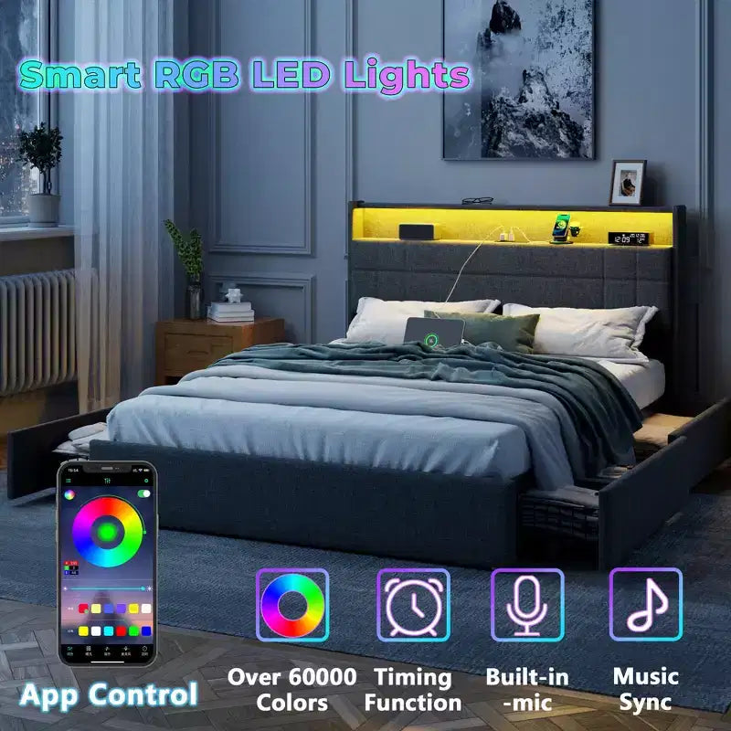 Cadre de Lit Queen Moderne avec Station de Recharge Lumières LED 4 Tiroirs de Rangement Tête de Lit Rembourrée Grise Lattes Métalliques Pas de Sommier Tapissier Requis