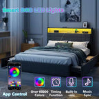 Cadre de Lit Queen Moderne avec Station de Recharge Lumières LED 4 Tiroirs de Rangement Tête de Lit Rembourrée Grise Lattes Métalliques Pas de Sommier Tapissier Requis