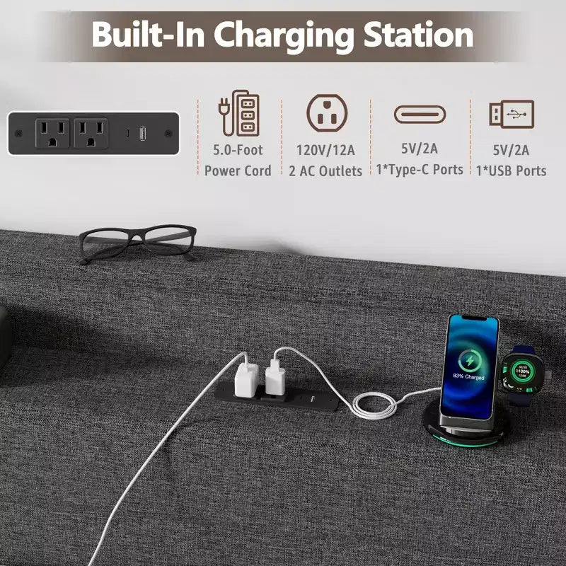 Cadre de Lit Queen Moderne avec Station de Recharge Lumières LED 4 Tiroirs de Rangement Tête de Lit Rembourrée Grise Lattes Métalliques Pas de Sommier Tapissier Requis
