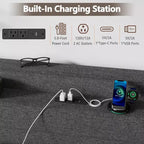 Cadre de Lit Queen Moderne avec Station de Recharge Lumières LED 4 Tiroirs de Rangement Tête de Lit Rembourrée Grise Lattes Métalliques Pas de Sommier Tapissier Requis