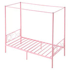 Twin Canopy Bed Frame with Four Poster Design, Metal Platform Bed, Pink, 300 lb Capacity