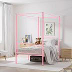 Cadre de lit double à baldaquin avec montants, plateforme en métal, rose, capacité de 136 kg