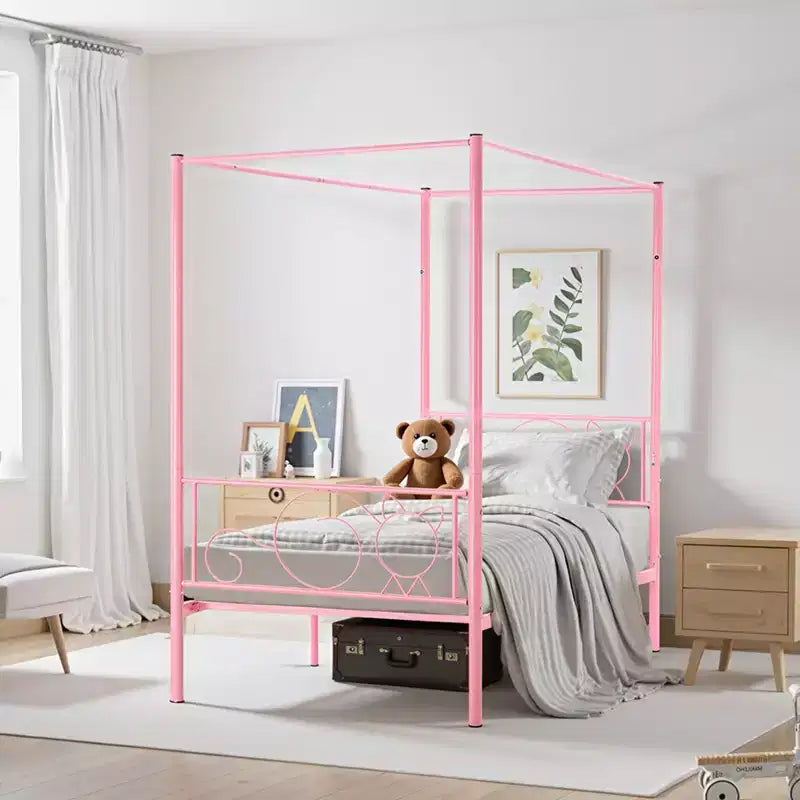Cadre de lit double à baldaquin avec montants, plateforme en métal, rose, capacité de 136 kg