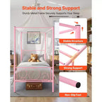 Cadre de lit double à baldaquin avec montants, plateforme en métal, rose, capacité de 136 kg