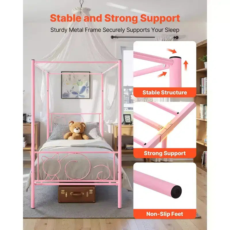 Cadre de lit double à baldaquin avec montants, plateforme en métal, rose, capacité de 136 kg