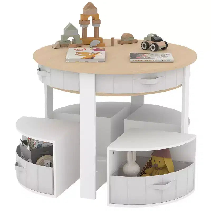 Kids Table and Chair Set, 5 Pieces Wooden Round Nesting Design Children Multi-Activity Table With 4 Storage Stools & 4 Fabric Drawers