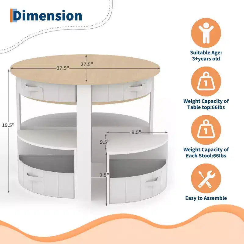 Ensemble table et chaises pour enfants, 5 pièces, table ronde en bois gigogne pour enfants, multi-activités, avec 4 tabourets de rangement et 4 tiroirs en tissu