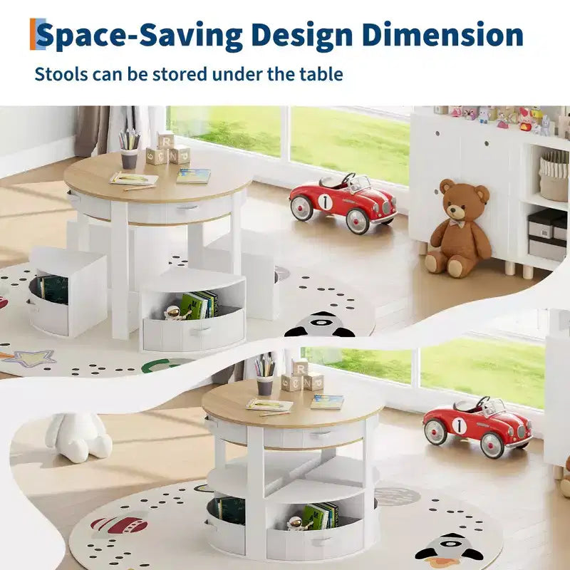Ensemble table et chaises pour enfants, 5 pièces, table ronde en bois gigogne pour enfants, multi-activités, avec 4 tabourets de rangement et 4 tiroirs en tissu