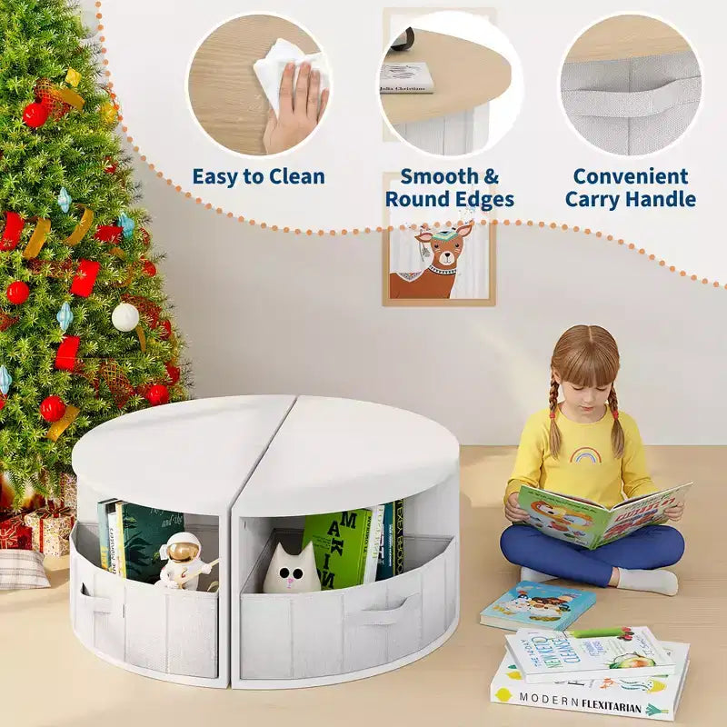 Ensemble table et chaises pour enfants, 5 pièces, table ronde en bois gigogne pour enfants, multi-activités, avec 4 tabourets de rangement et 4 tiroirs en tissu