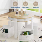Ensemble table et chaises pour enfants, 5 pièces, table ronde en bois gigogne pour enfants, multi-activités, avec 4 tabourets de rangement et 4 tiroirs en tissu