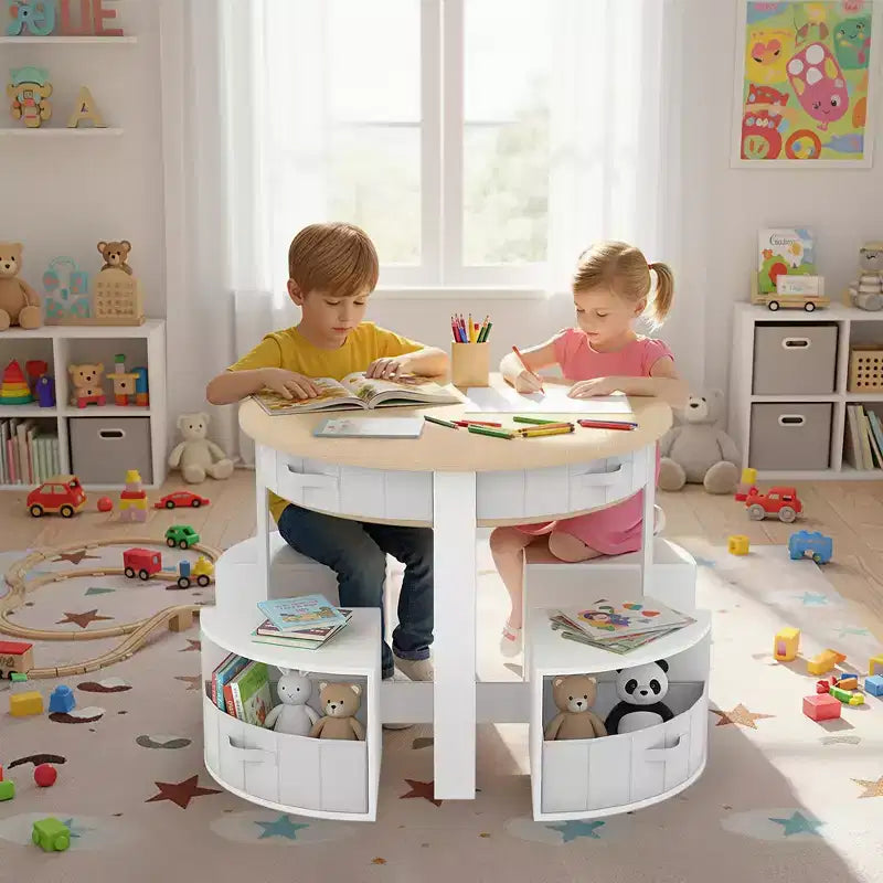 Ensemble table et chaises pour enfants, 5 pièces, table ronde en bois gigogne pour enfants, multi-activités, avec 4 tabourets de rangement et 4 tiroirs en tissu