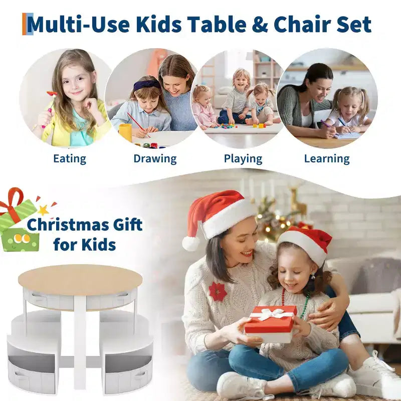 Ensemble table et chaises pour enfants, 5 pièces, table ronde en bois gigogne pour enfants, multi-activités, avec 4 tabourets de rangement et 4 tiroirs en tissu