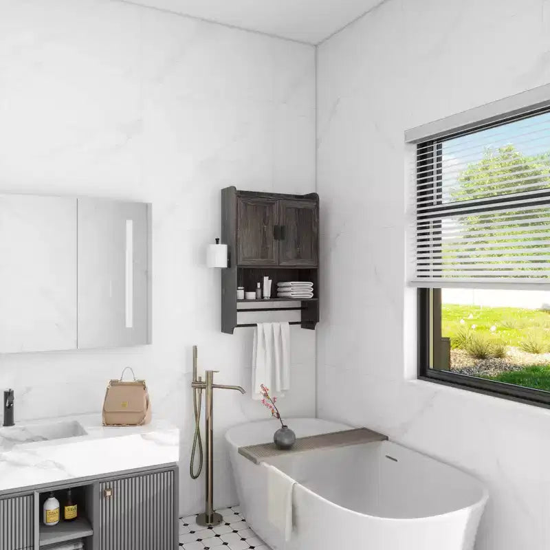 Meuble Mural de Salle de Bain sumyeg avec Portes, Étagère Réglable, Porte-Serviettes et Porte-Papier