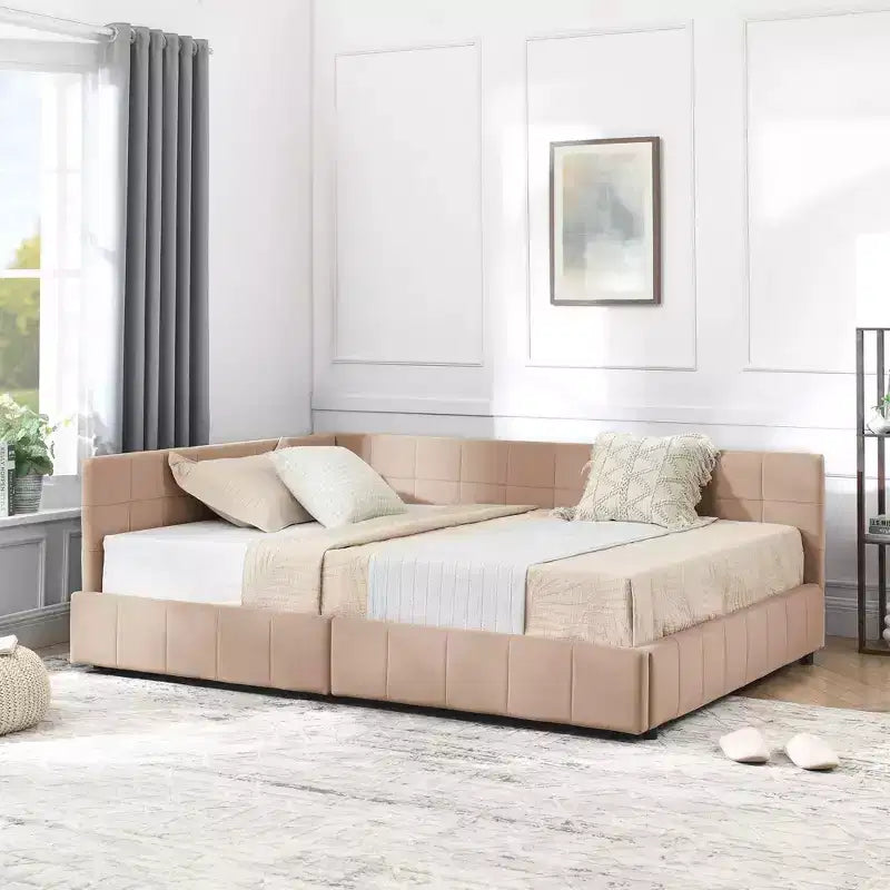 MAYEERTY Lit rembourré capitonné pleine grandeur avec dossier et accoudoirs pour chambre à coucher, salon, rose foncé