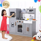 Cuisine Enfant en Bois, Dinette en Bois avec 20 Accessoires de Cuisine, Set de Cuisine en Bois Gris