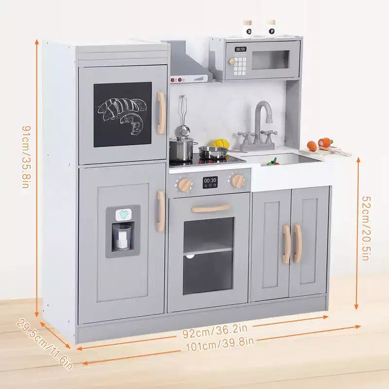 Cuisine Enfant en Bois, Dinette en Bois avec 20 Accessoires de Cuisine, Set de Cuisine en Bois Gris